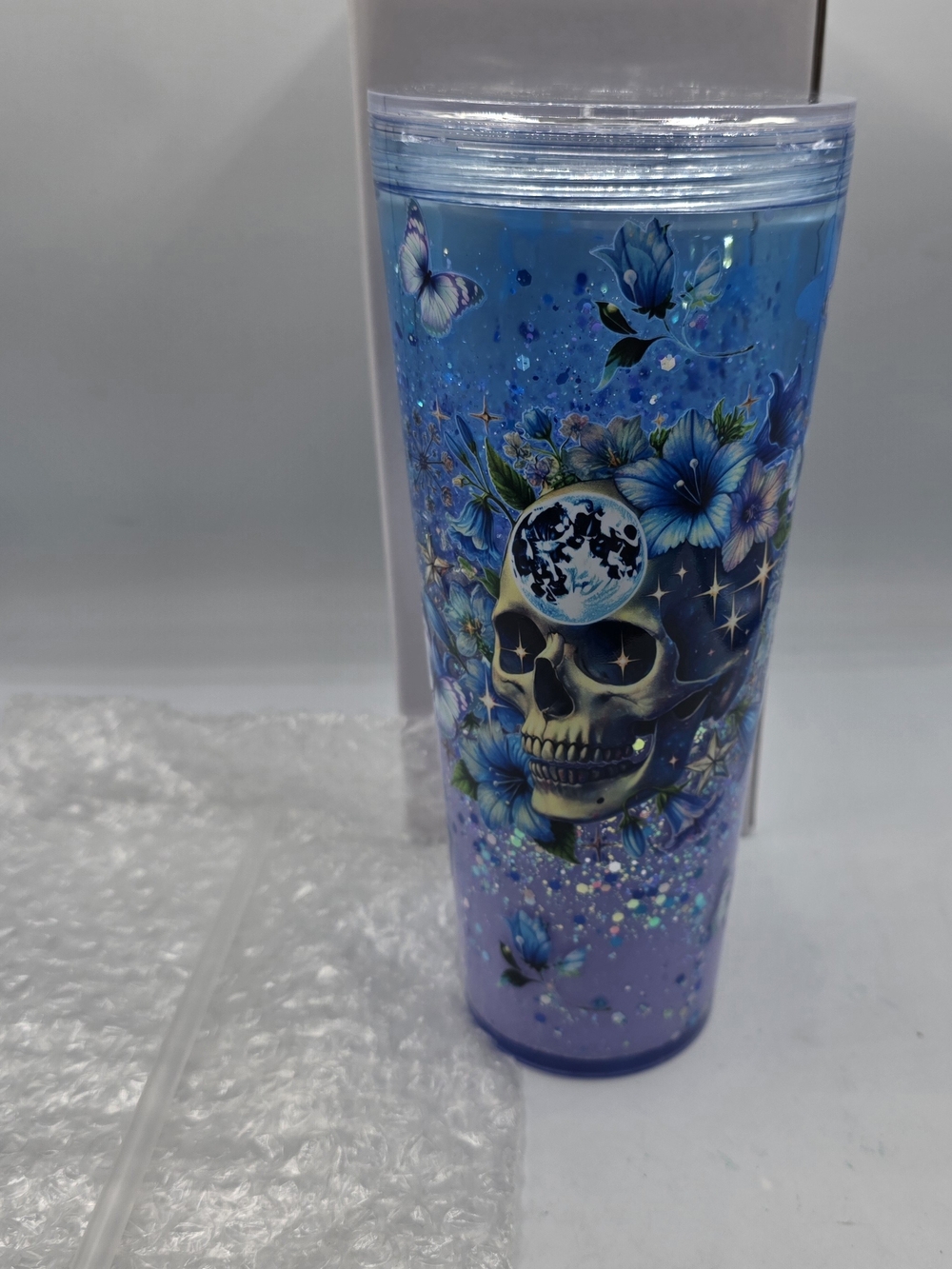 Blue & Purple Floral Skull Glitter Tumbler Double Wall Snow Globe.
